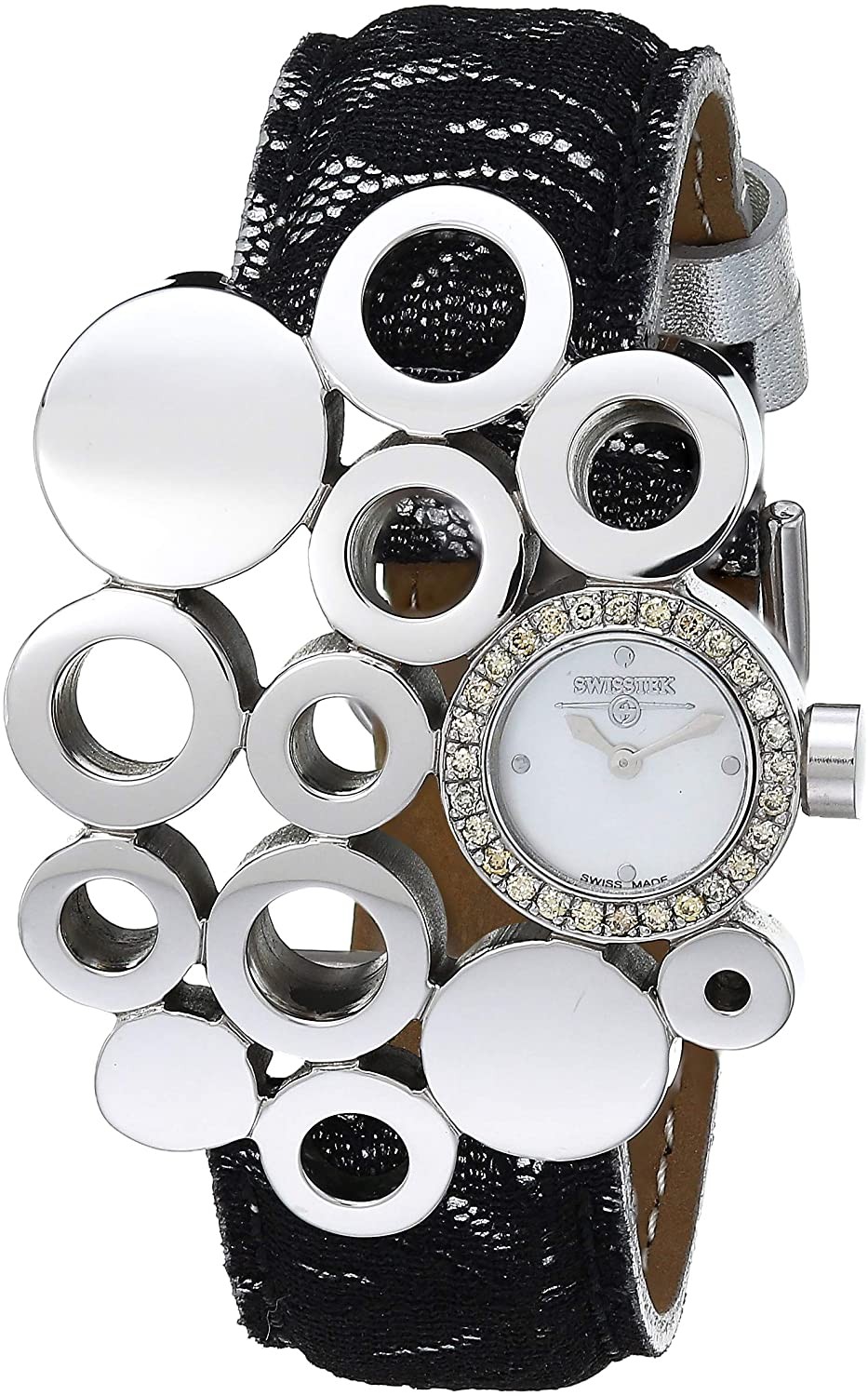 Swisstek 女士永恆系列不銹鋼石英錶帶皮革錶帶